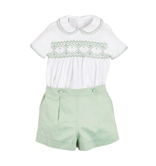 Pepa London Hand Smocked Peter Pan Collar Short Sleeve Two Piece Set in Green