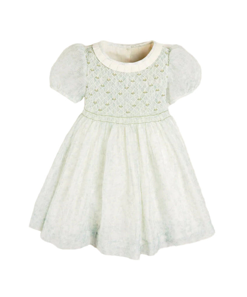 Constance Floral Print Hand Smocked Short Sleeve Party Dress in Light Green