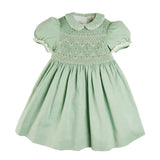 Pepa London Hand Smocked Peter Pan Collar Short Sleeve Dress in Green