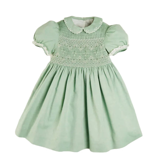 Pepa London Hand Smocked Peter Pan Collar Short Sleeve Dress in Green