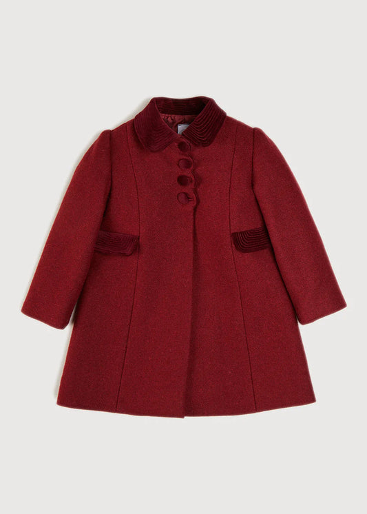 Single Breasted Scallop Detail Coat In Burgundy