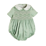 Pepa London Peter Pan Collar Hand Smocked Short Sleeve Bubble in Green