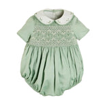 Pepa London Peter Pan Collar Hand Smocked Short Sleeve Bubble in Green