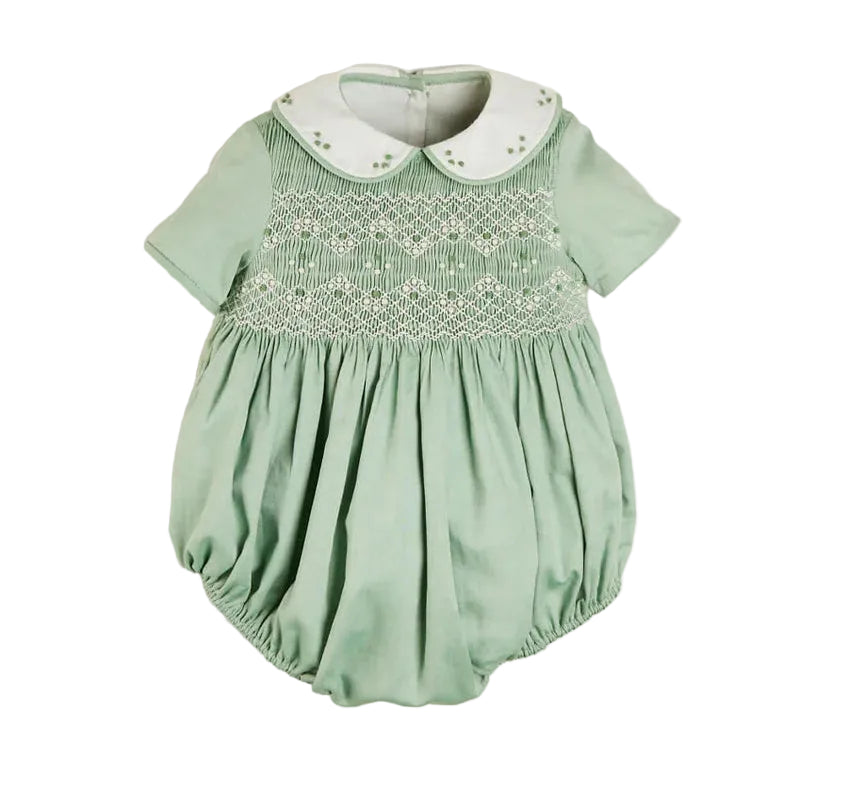 Pepa London Peter Pan Collar Hand Smocked Short Sleeve Bubble in Green