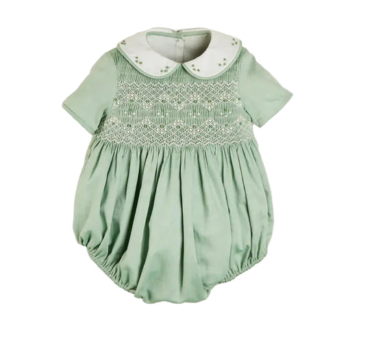Pepa London Peter Pan Collar Hand Smocked Short Sleeve Bubble in Green