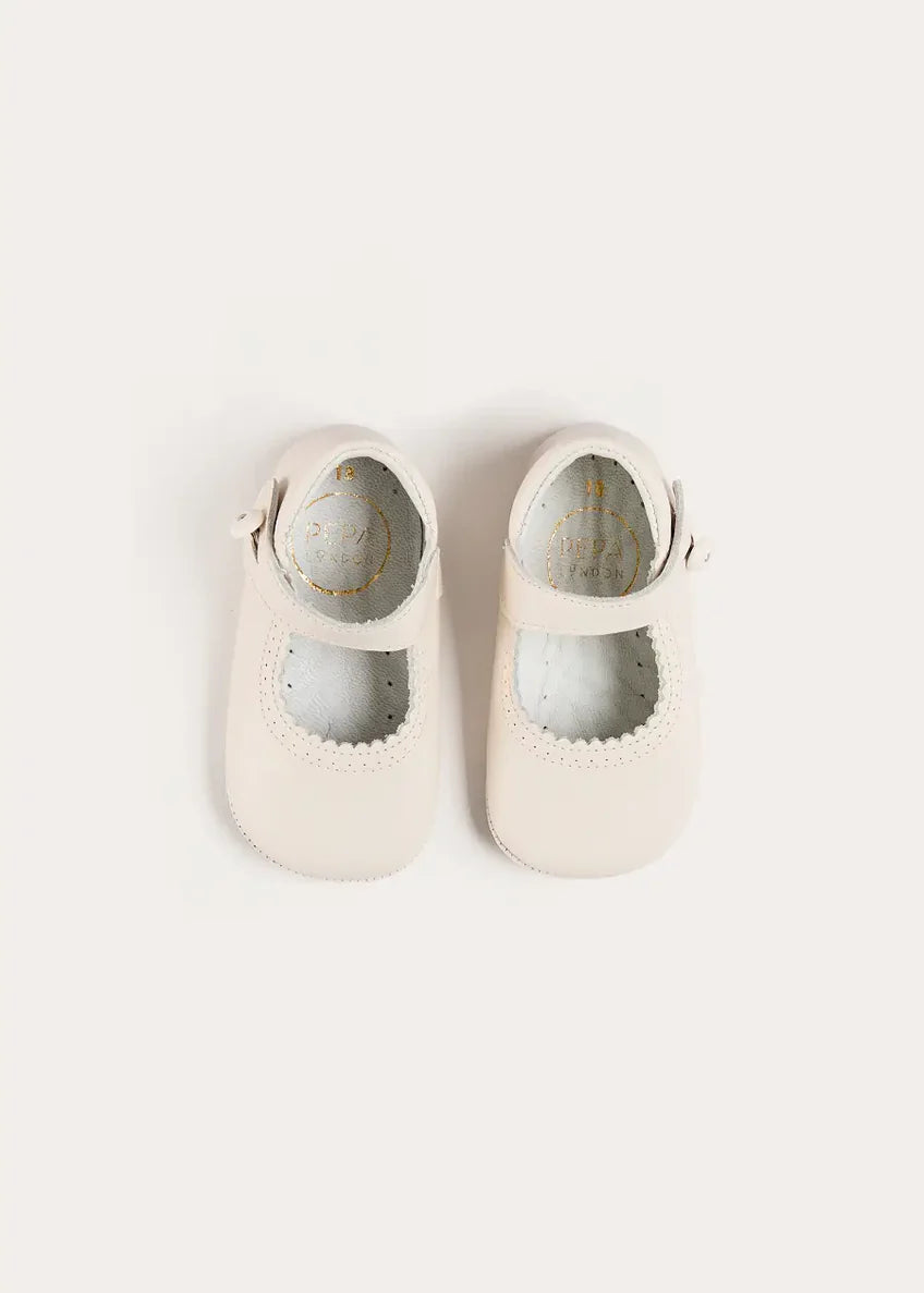 Leather Mary Jane Pram Shoes in Ivory