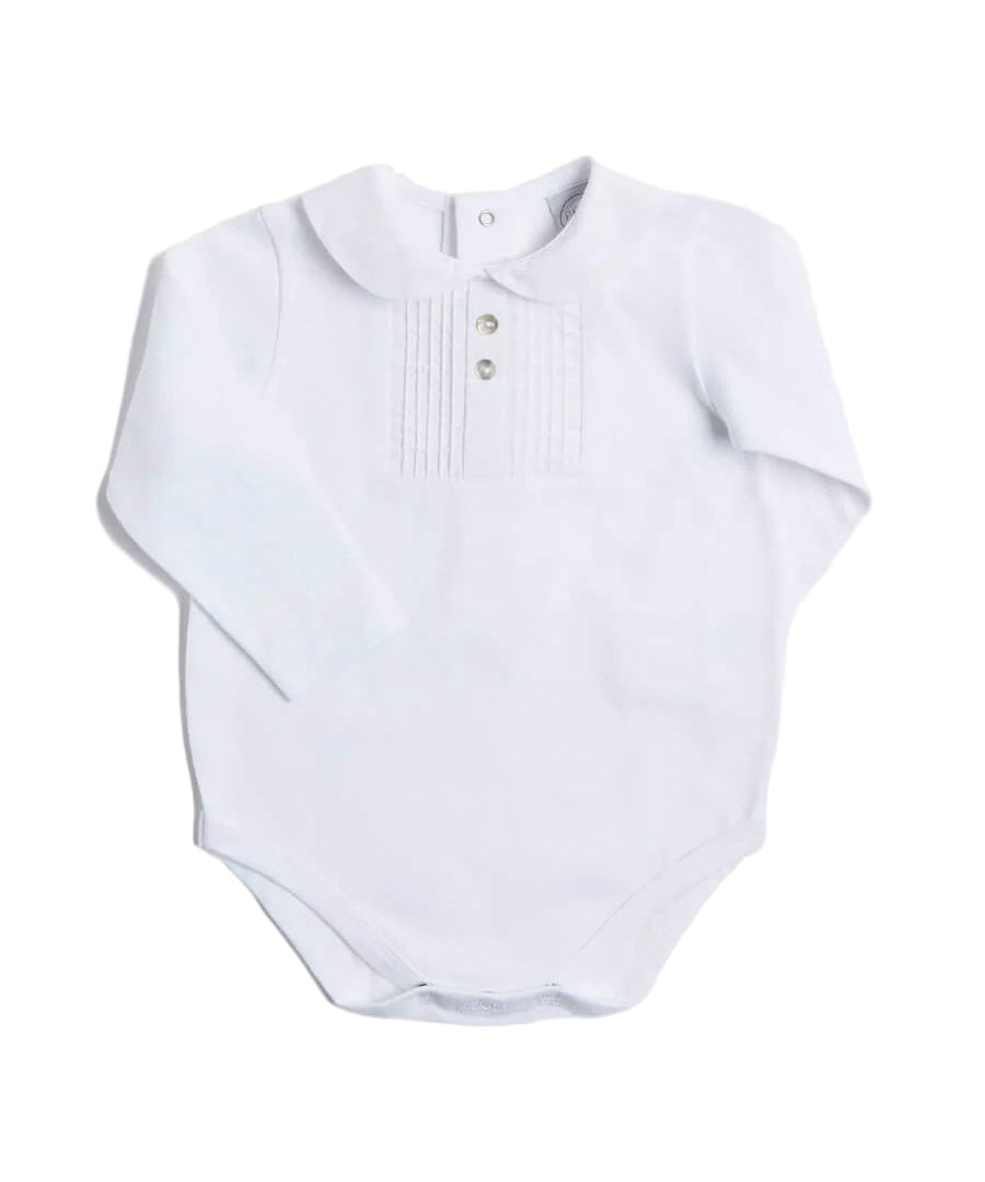 Pepa London White Peter Pan Collar Long Sleeve Pleated Bib Bodysuit