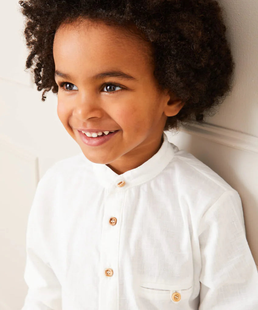 Linen Mao Collar Long Sleeve Shirt in White