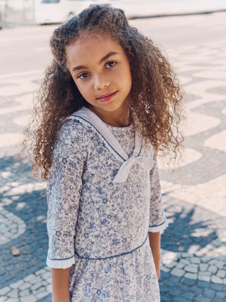 Dark Blue Floral Aranda Girl Drop Waist Dress made by La Coqueta Children's Clothing