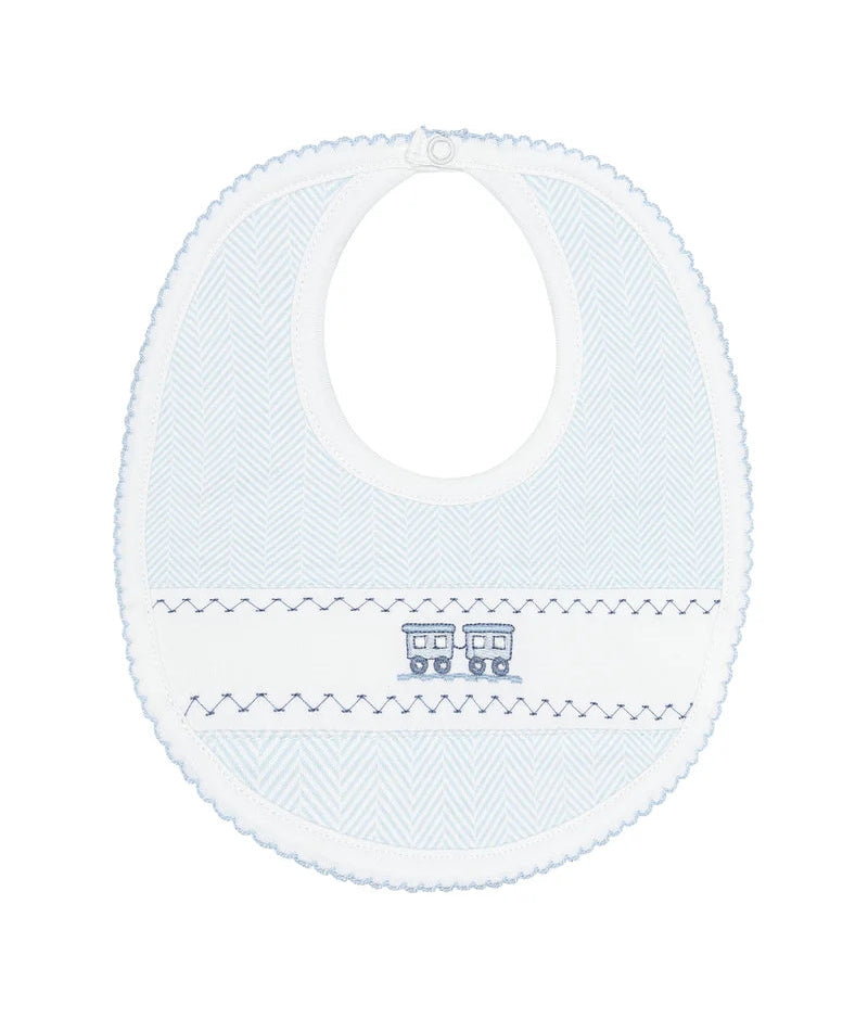 Nellapima Blue Herringbone Embroidered Bib- Train