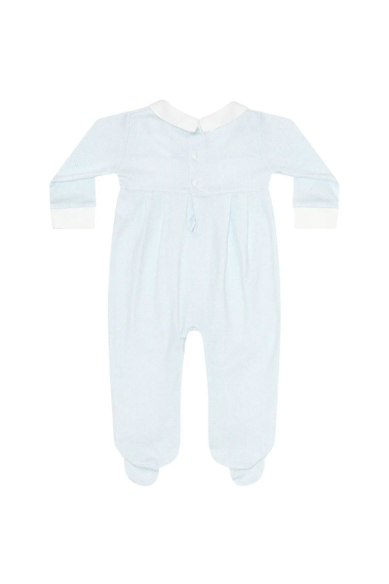 Nellapima Blue Herringbone Embroidered Footie- Train
