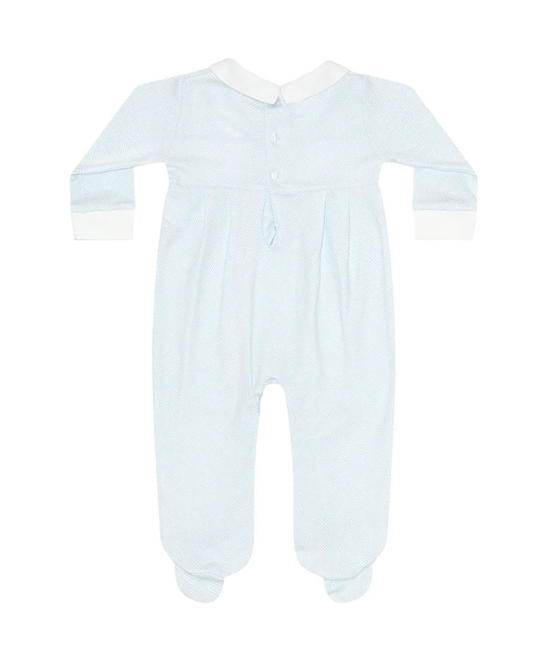 Nellapima Blue Herringbone Embroidered Footie- Train
