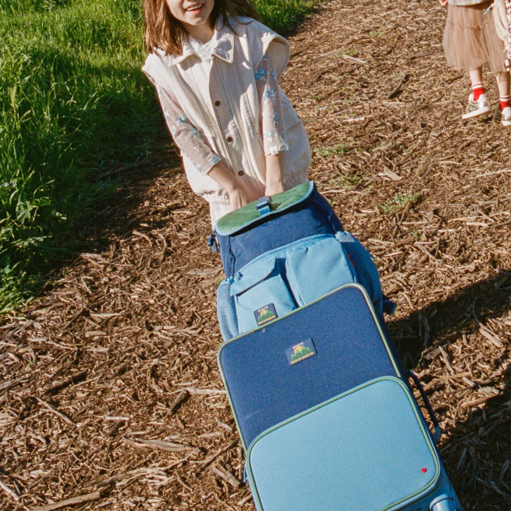Person holding a blue suitcase outdoors on a sunny day