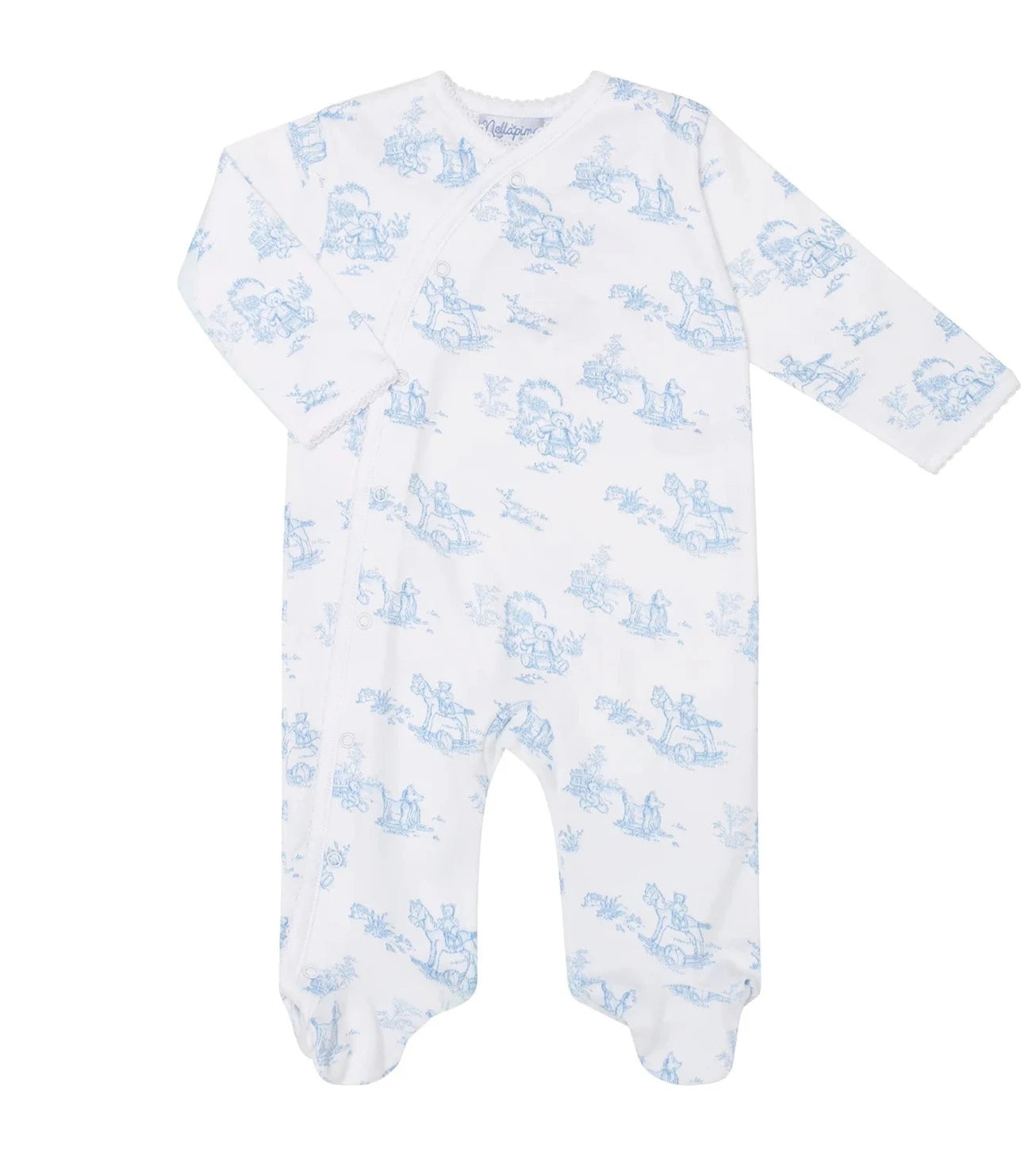 Nella Pima Blue Teddy Bear Toile Crossover Footie