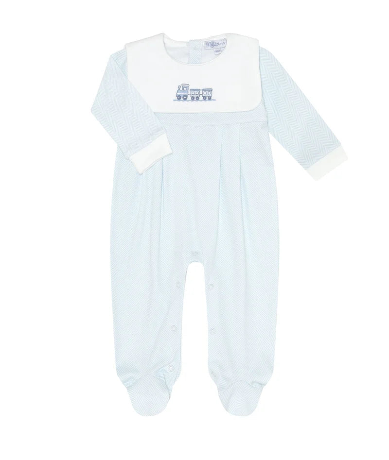 Nellapima Blue Herringbone Embroidered Collared Footie- Train