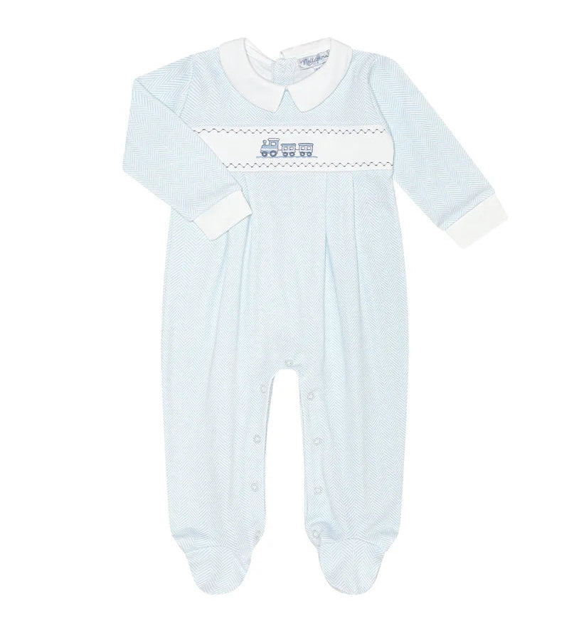 Nellapima Blue Herringbone Embroidered Footie- Train