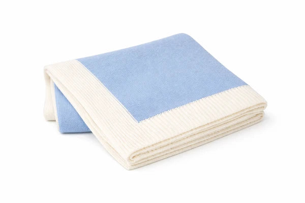 A Soft Idea Jersey Blanket With Rib Border- Blue and Cream