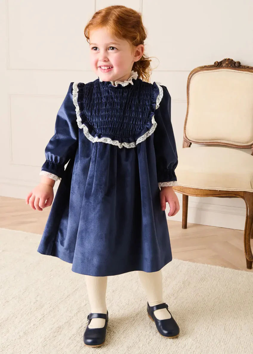 Velvet Hand Smocked Lace Detail Long Sleeve Dress in Navy