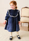 Velvet Hand Smocked Lace Detail Long Sleeve Dress in Navy