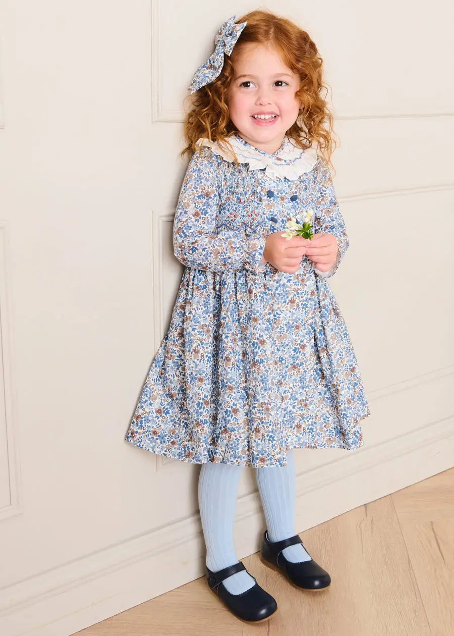 Pepa London Beatrice Floral Hand Smocked Double Breasted Long Sleeve Dress in blue