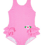 Florence Eiseman Pink Gingham Swimsuit With Ruffles And Flowers