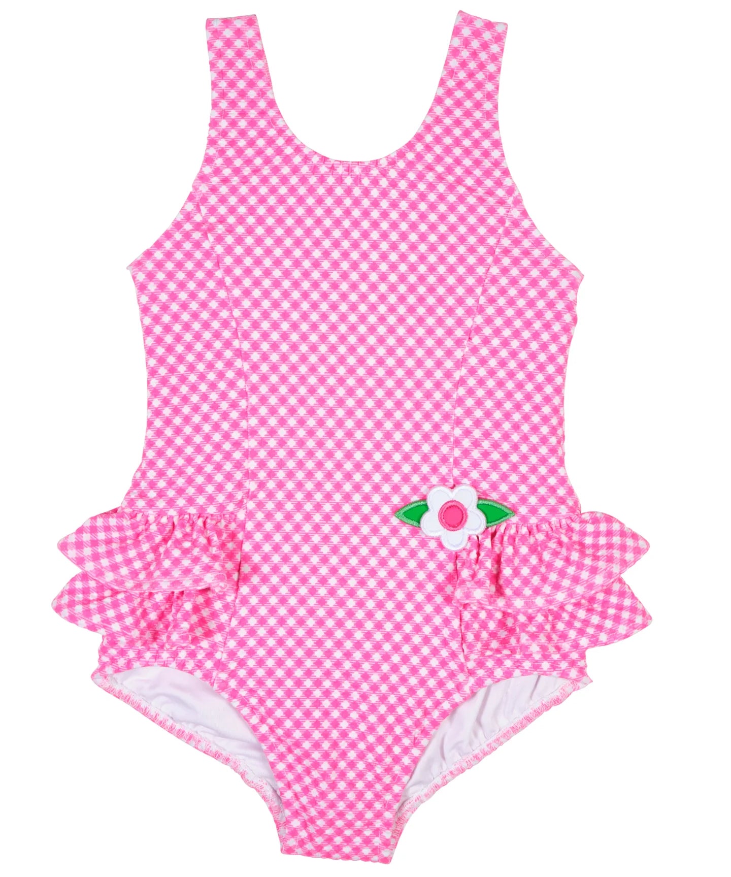 Florence Eiseman Pink Gingham Swimsuit With Ruffles And Flowers