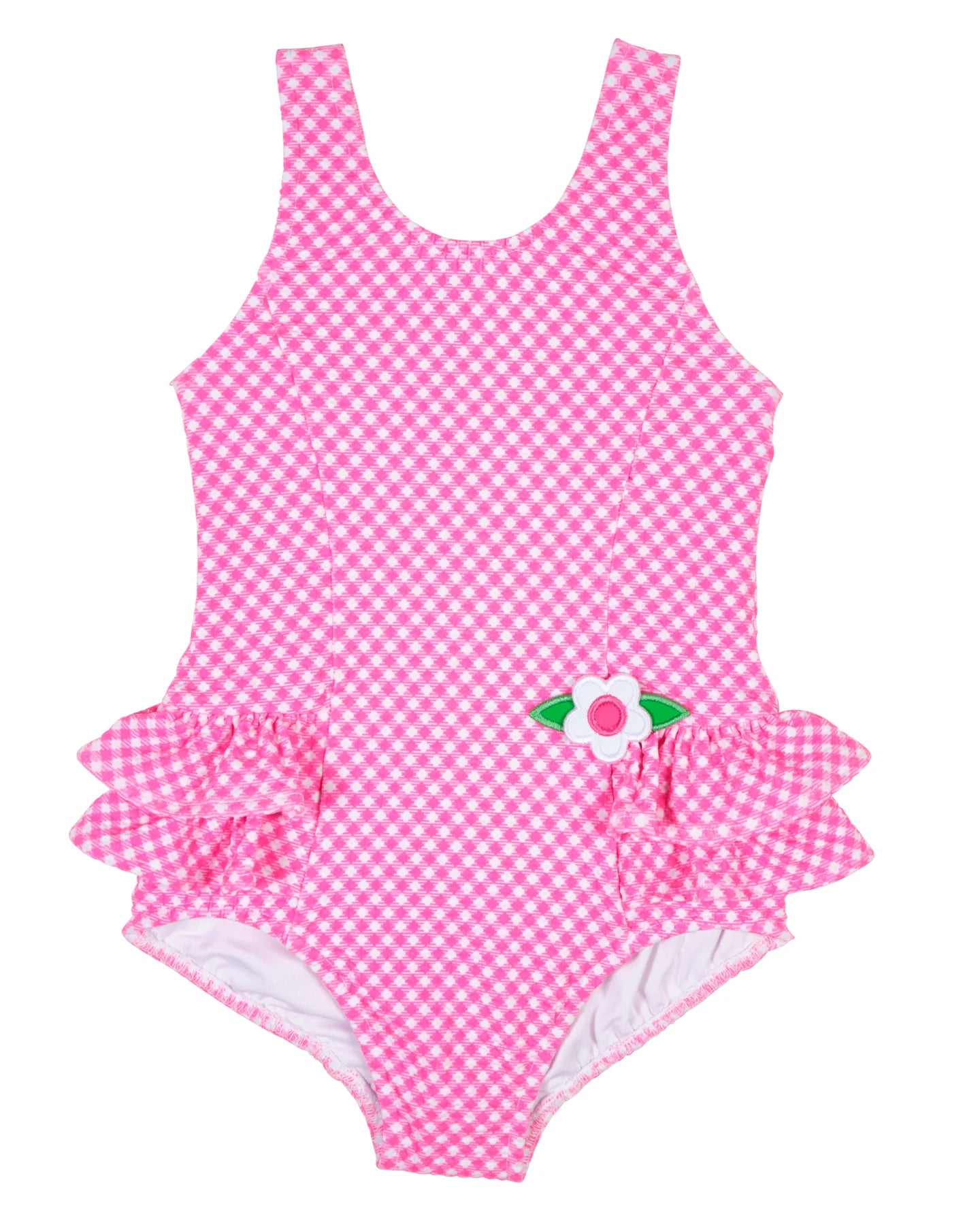 Florence Eiseman Pink Gingham Swimsuit With Ruffles And Flowers