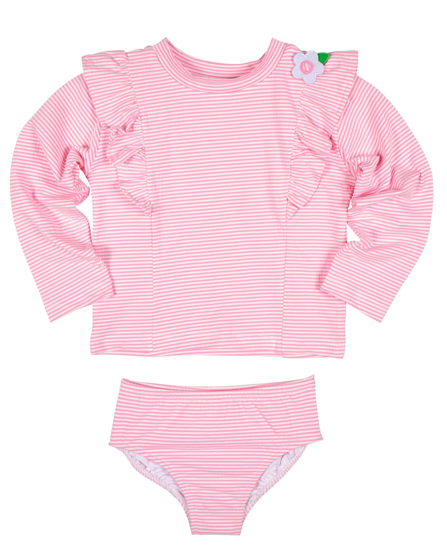 Florence Eiseman Stripe Seersucker Rash Guard Swimsuit With Flower