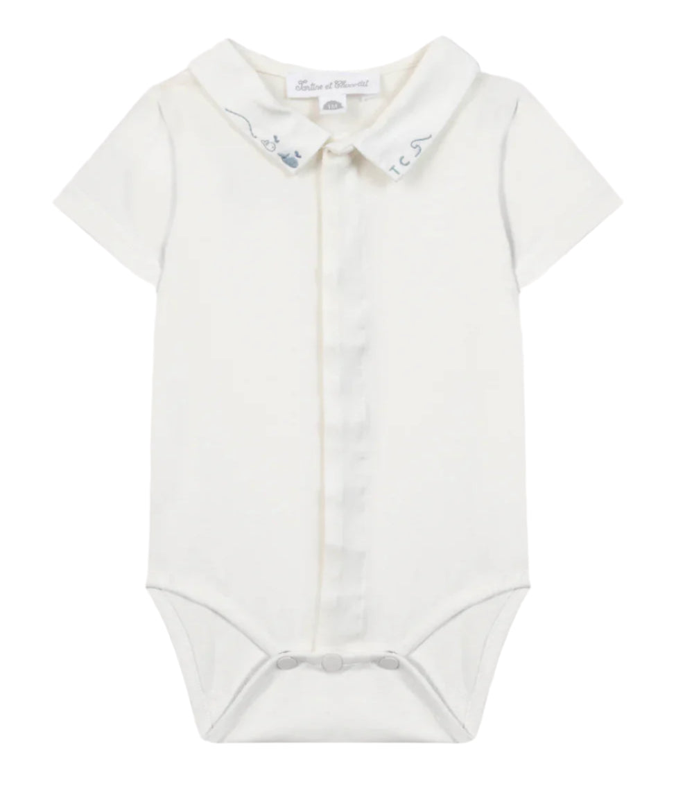 Tartine et Chocolat Pointed Collar Embroidered Bodysuit- Ecru