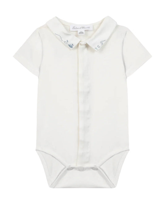 Tartine et Chocolat Pointed Collar Embroidered Bodysuit- Ecru