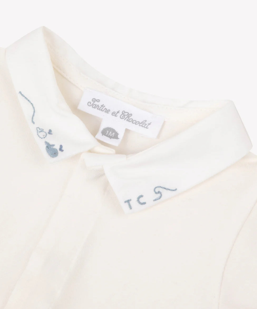 Tartine et Chocolat Pointed Collar Embroidered Bodysuit- Ecru