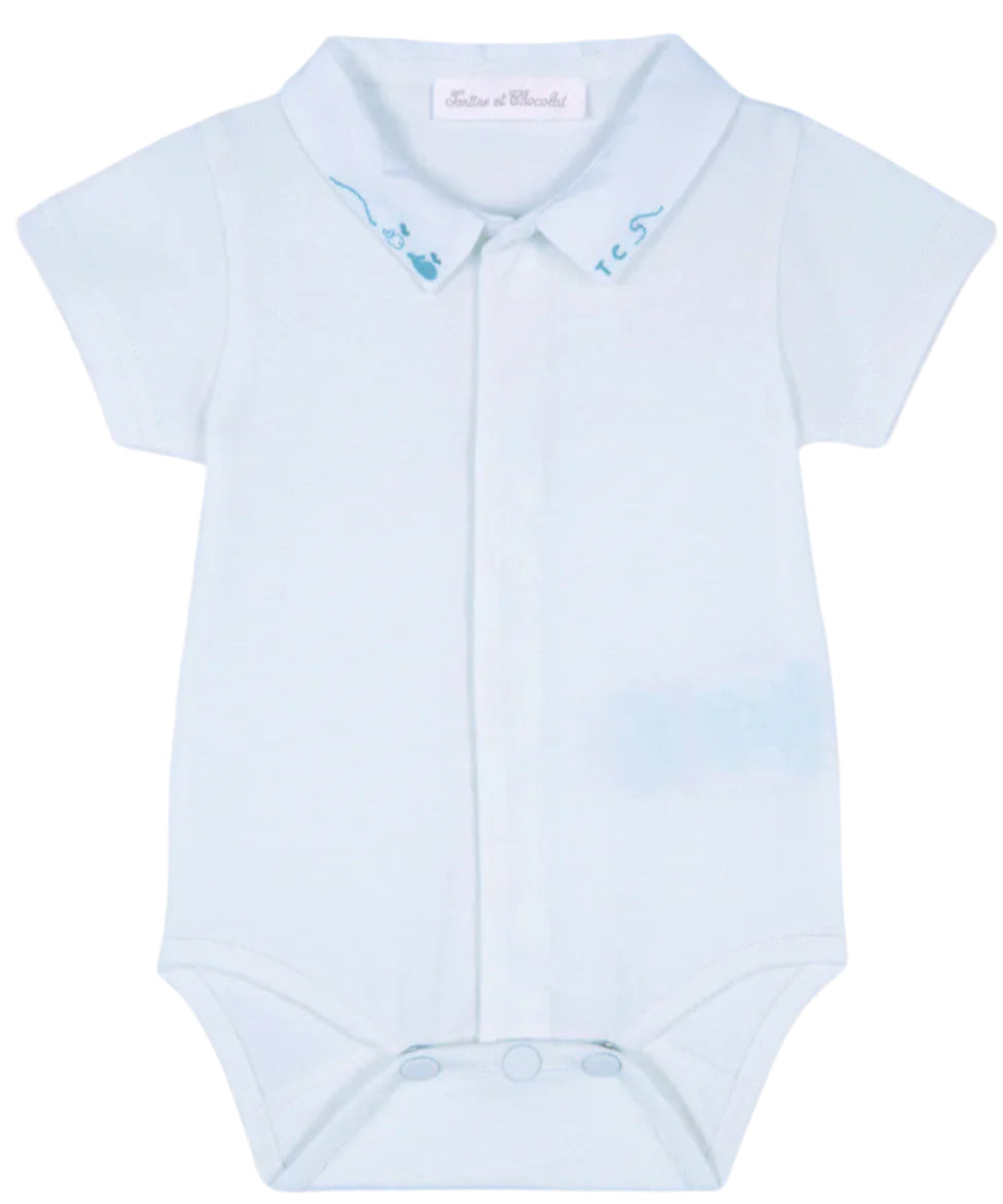 Tartine et Chocolat Pointed Collar Embroidered Bodysuit- Sky Blue