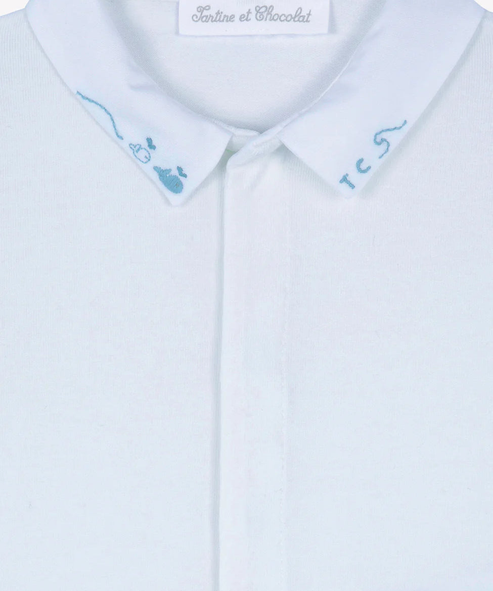 Tartine et Chocolat Pointed Collar Embroidered Bodysuit- Sky Blue