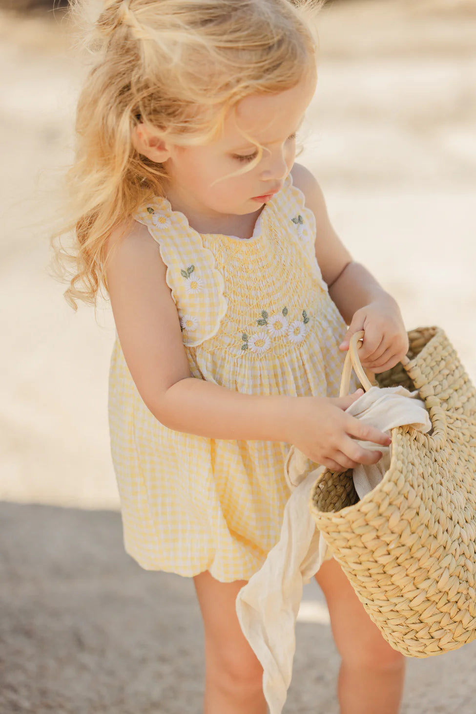 Tartine et Chocolat Embroidered Yellow Gingham Smocked Romper