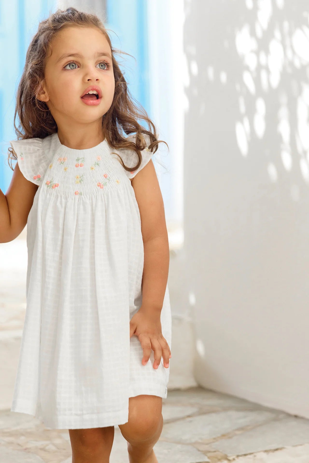 White Smocked Embroidery Floral Dress