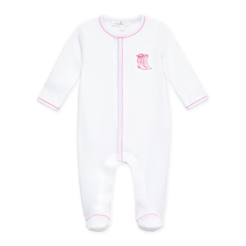 Magnolia Baby Darling Cowboy Boots Ruffle Footie- Pink