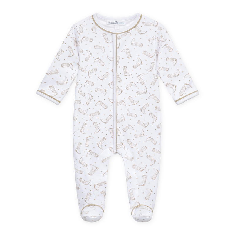 Magnolia Baby Darling Cowboy Boots Printed Footie- Ivory