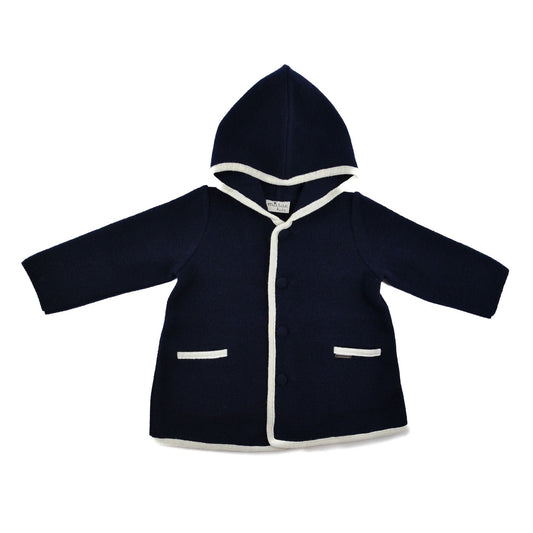 Marae Kids Button Down Coat With Hood- Navy with White Trim