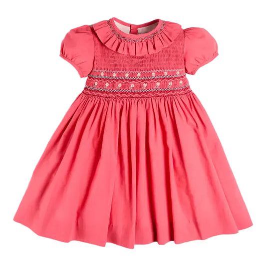 Pepa London Hand Smocked Flower Embroidered Dress in Strawberry