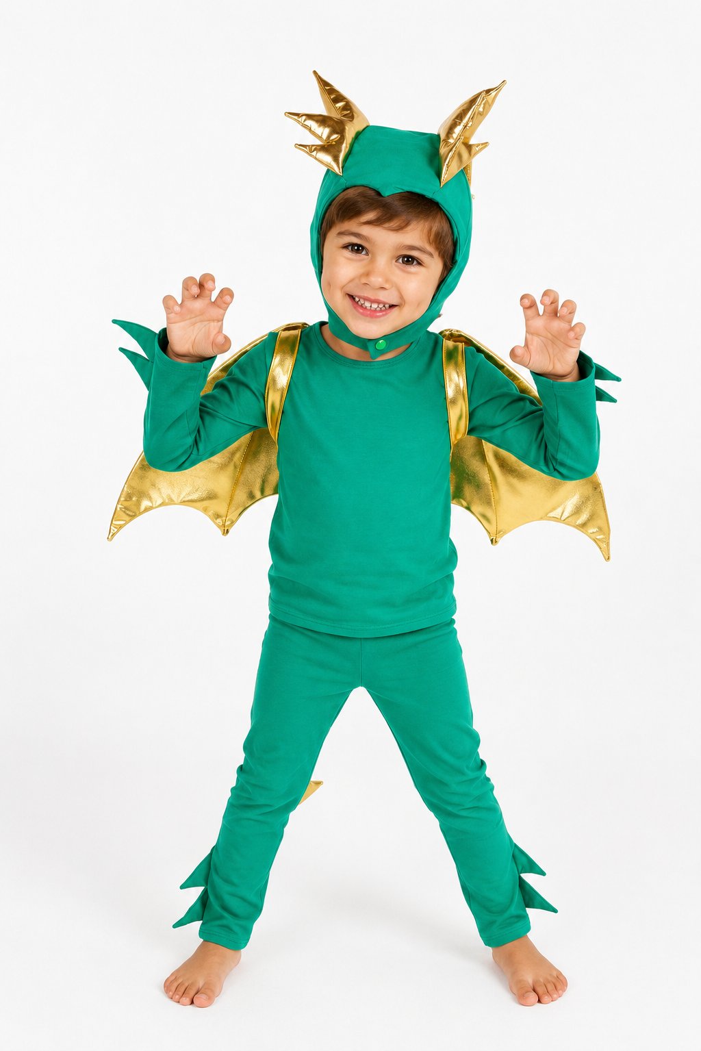 Child wearing a green and gold dragon costume on a white background