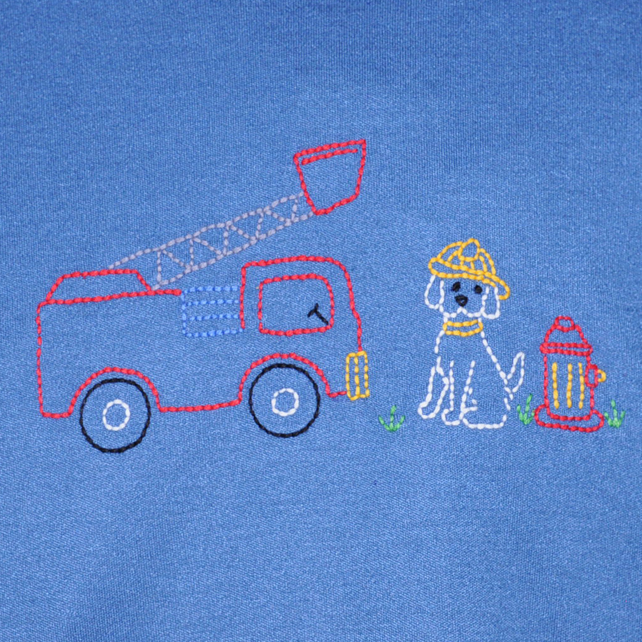Dog With Firetruck Hand Stitched T-Shirt