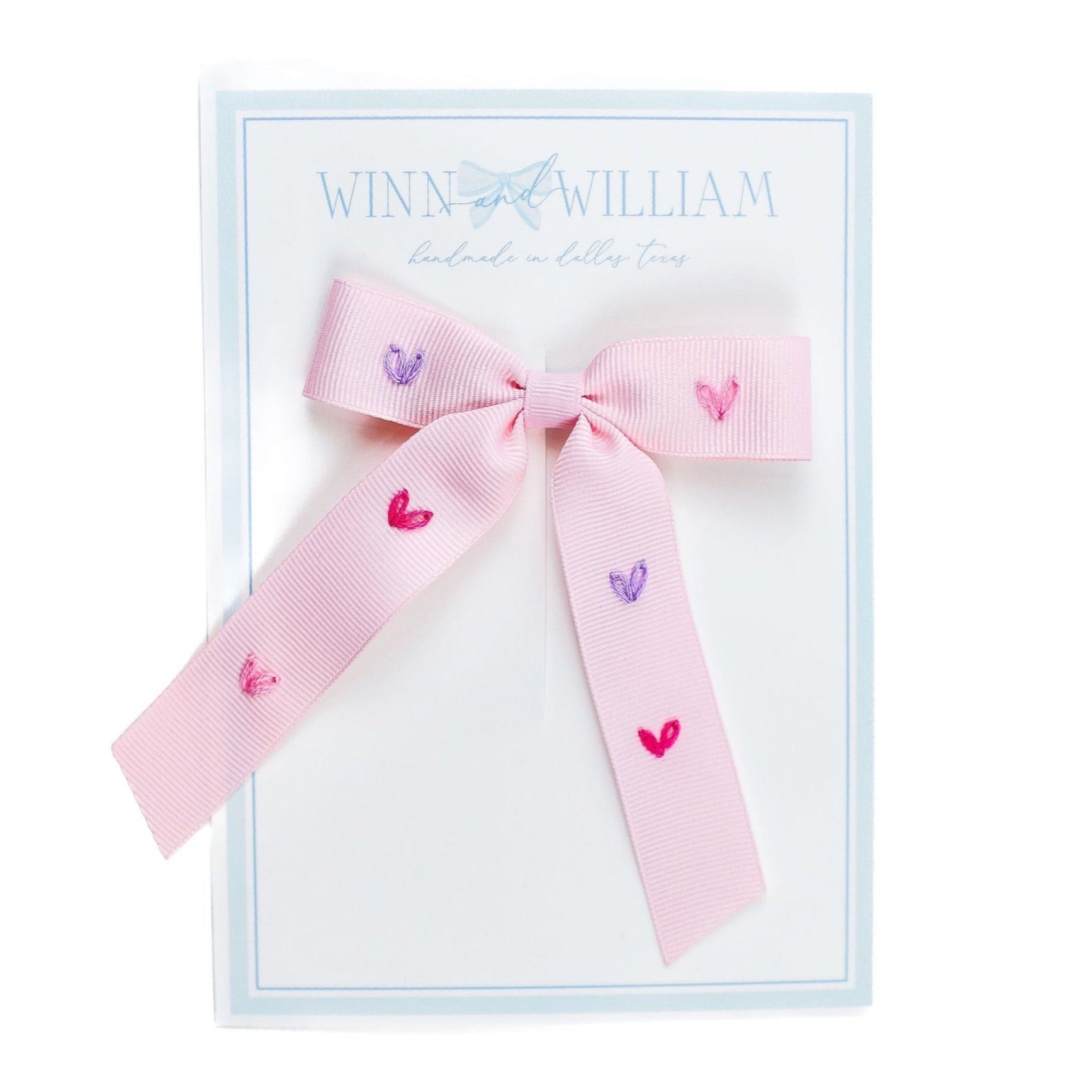 Winn and Williams Small Embroidered Hearts Bow- Pink