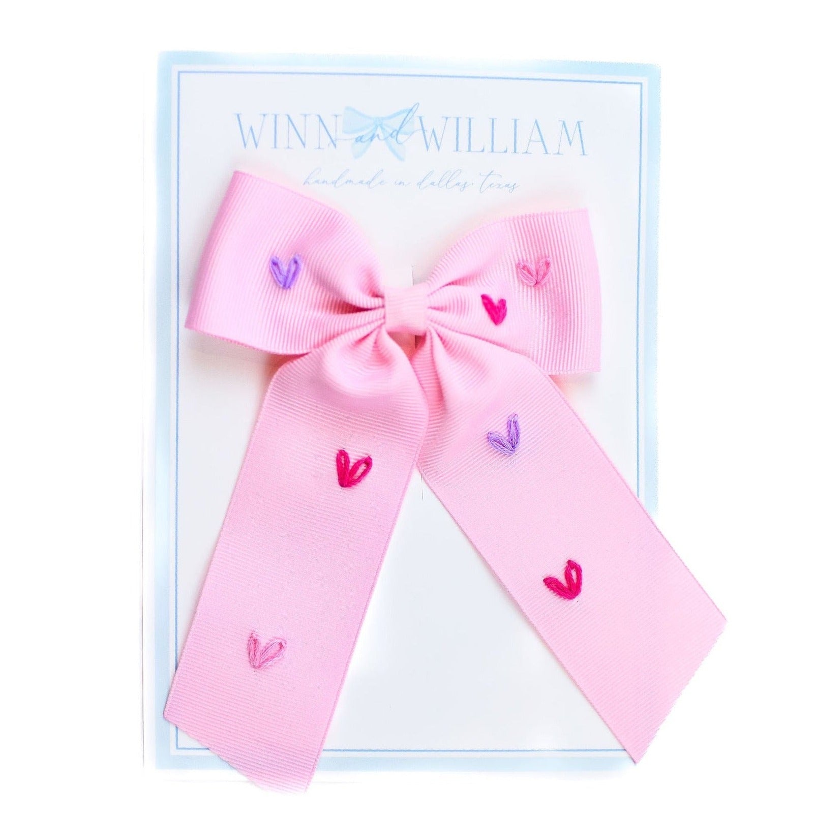 Winn and Williams Medium Embroidered Hearts Bow- Pink