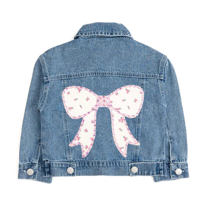 Sweet Wink Pearl and Gemstone Floral Bow Patch Denim Jacket