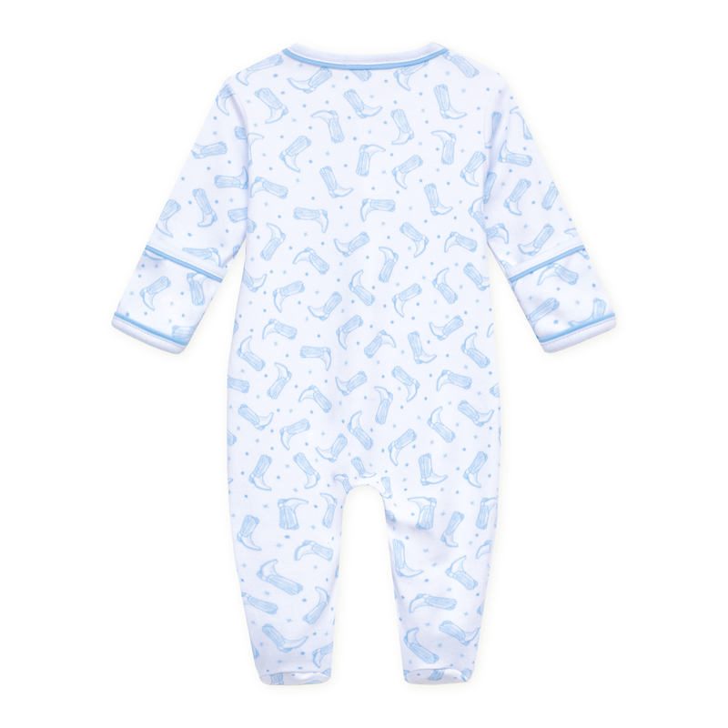 Magnolia Baby Darling Cowboy Boots Printed Footie- Light Blue