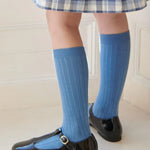 La Coqueta Ribbed Knee High Kids Socks - Dusty Blue
