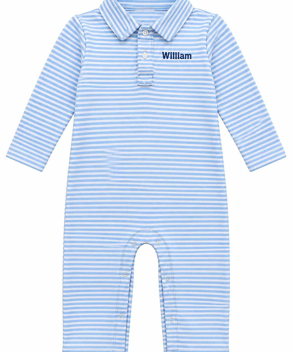 Long Sleeve Polo Romper - Light Blue Stripe
