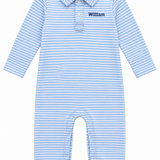 Long Sleeve Polo Romper - Light Blue Stripe