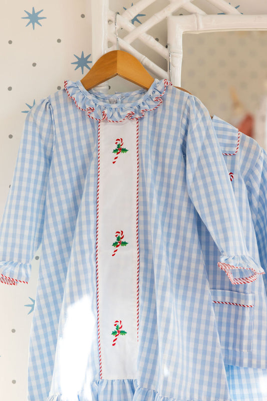 Candy Cane Embroidered Blue Gingham Gown