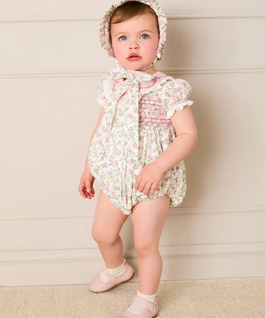Alice Floral Double Breasted Hand Smocked Romper in Pink